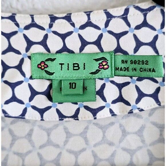 TIBI 100% Silk Dress True Wrap Blue Cream Geometric Pattern Half Sleeve Size 10 - Picture 2 of 7